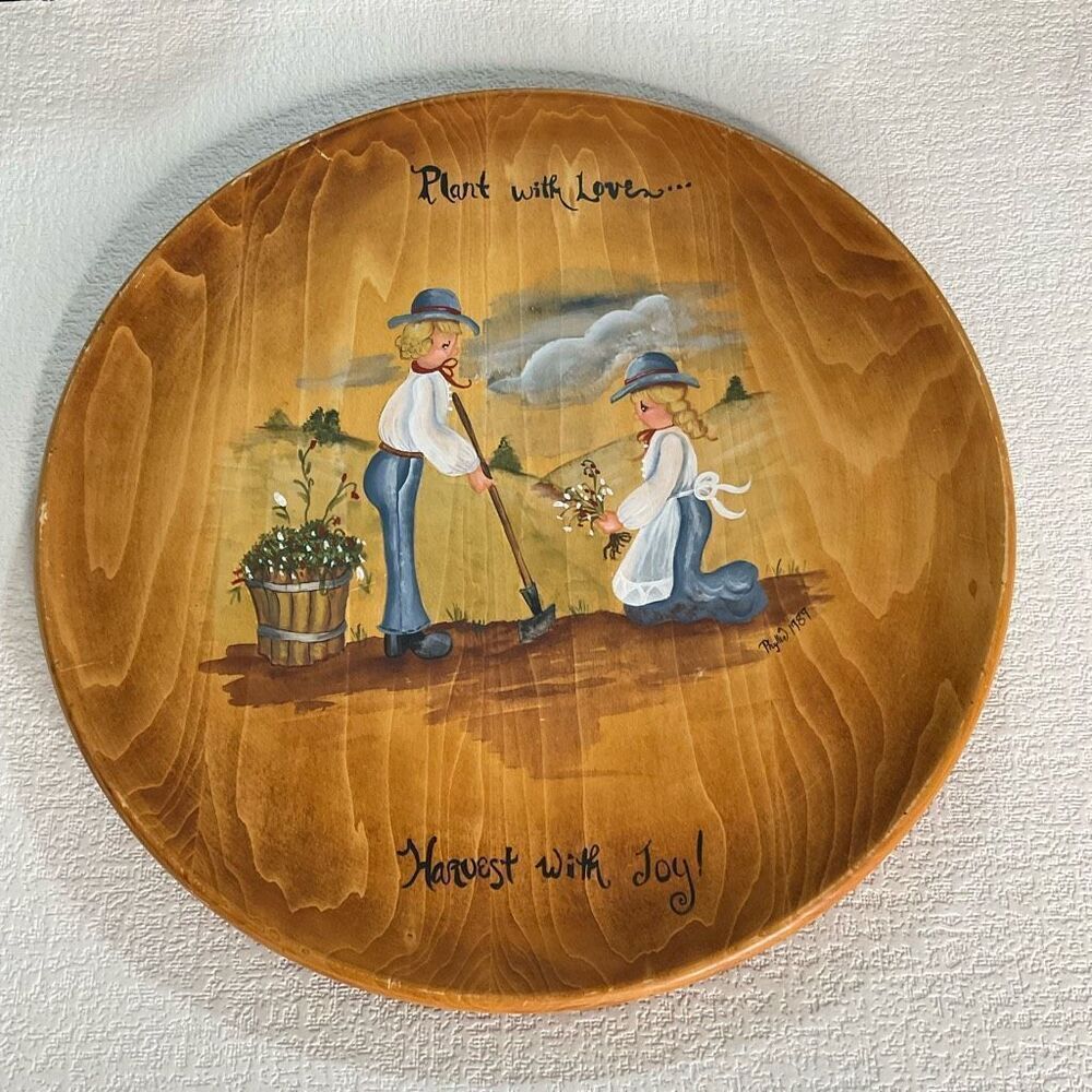 Vintage Painted Wooden Folk Art Decorative Plate Plant‎ with Love Harvest w/Joy!